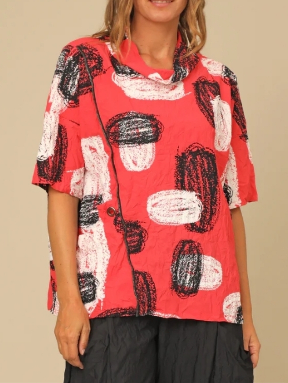 Chalet Et Ceci "Hudson" Top In Koi Pink Black Crinkle Top Large USA Zipper